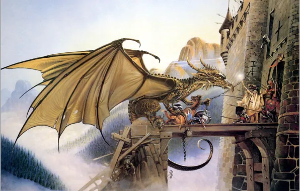 Картинка горы, фентези, дракон, войны, крепость, оборона, Chris Achilleos, Dragonspell