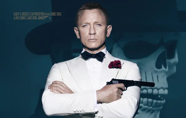 Картинка пистолет, фон, череп, шляпа, агент, в белом, Джеймс Бонд, Daniel Craig, 007, глушитель, James Bond, …