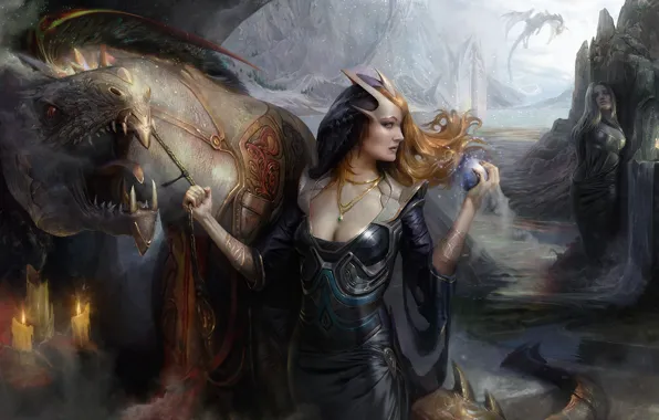 Картинка девушки, дракон, монстр, существо, свечи, арт, сфера, демоница