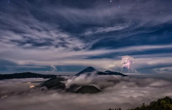 Картинка облака, пейзаж, природа, Индонезия, Ява, Indonesia, вулкан Бромо, Bromo-Tengger-Semeru National Park, кальдеры Тенггер