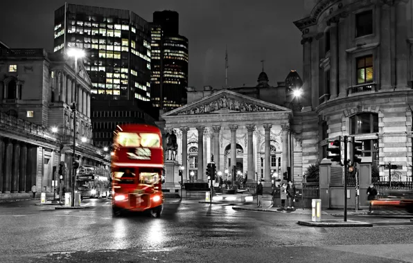 Картинка дорога, ночь, city, город, lights, огни, черно-белый, улица, Англия, Лондон, размытие, автобус, london, road, night, …