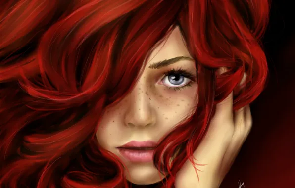 Картинка взгляд, девушка, лицо, волосы, арт, веснушки, рыжая, живопись, кудри