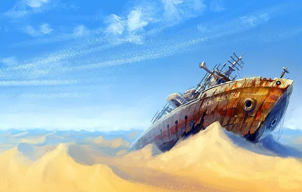 Картинка песок, облака, пустыня, корабль, арт