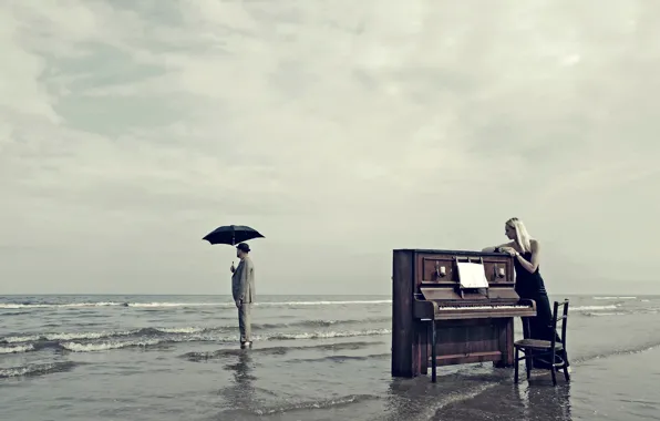 Картинка девушка, берег, зонт, мужчина, пианино