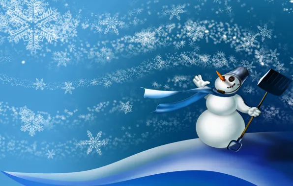 Картинка снежинки, ветер, шарф, ведро, сугробы, снеговик, лопата, морковь