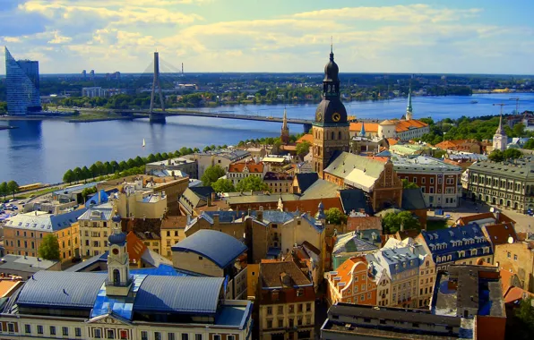 Картинка небо, мост, река, дома, панорама, Рига, Латвия
