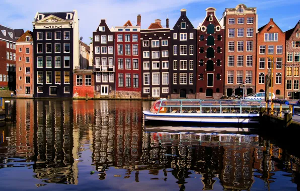 Картинка вода, город, отражение, река, дома, Амстердам, канал, Нидерланды, Amsterdam, Nederland