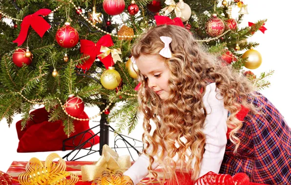 Картинка дети, игрушки, елка, ребенок, Новый Год, Рождество, девочка, подарки, локоны, коробки