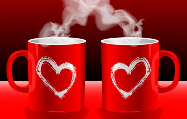Картинка любовь, красный, фон, обои, чай, настроения, кофе, горячий, пар, кружка, чашка, сердечки