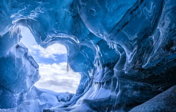 Картинка зима, снег, лёд, сосульки, пещера, Исландия, грот