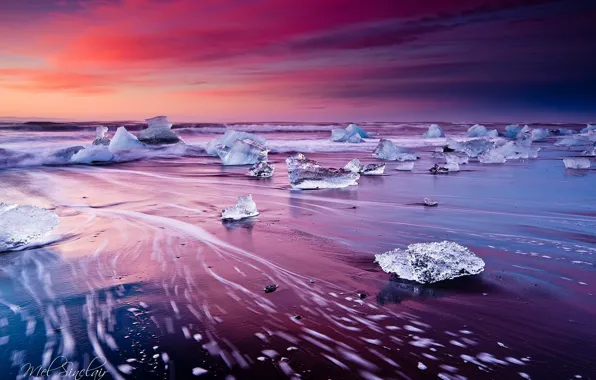 Картинка волны, пляж, лёд, выдержка, Исландия, ледниковая лагуна Йёкюльсаурлоун