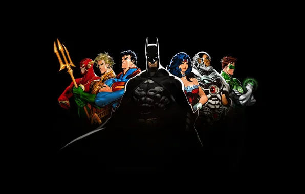 Картинка Wonder Woman, black, Batman, background, Green Lantern, Superman, DC Comics, Cyborg, Flash, Aquaman, Justice League