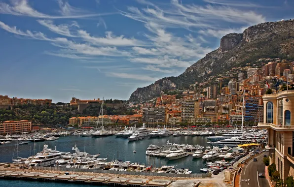 Картинка небо, горы, дома, яхты, лодки, гавань, Монако, Монте-Карло