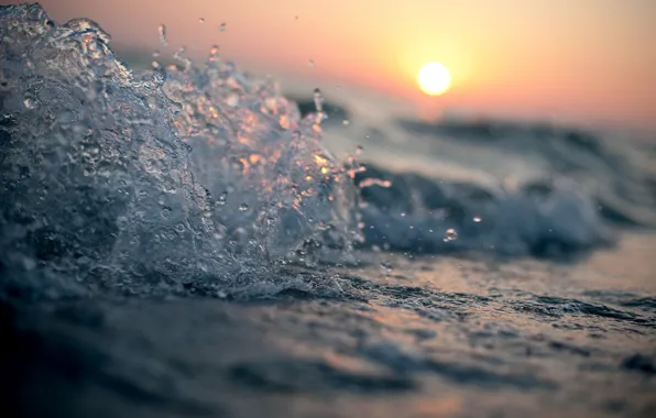 Картинка море, вода, солнце, капли, макро, закат, волна