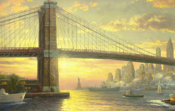 Картинка мост, city, океан, здания, Нью-Йорк, флаг, катер, парус, USA, США, живопись, мегаполис, bridge, New York, …