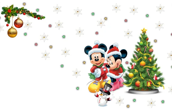 Картинка настроение, праздник, новый год, огоньки, арт, снеговик, Disney, ёлочка, мышки, снежинка, микки маус, Mickey Mouse, …