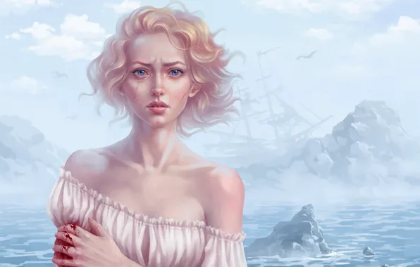 Картинка море, облака, ветер, кровь, корабль, чайки, арт, блондинка, слёзы, нарисованная девушка