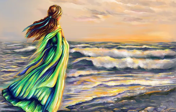 Картинка море, волны, небо, девушка, облака, волосы, спина, арт, ленточка, зеленое платье, ветор