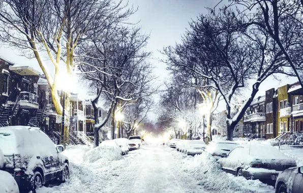 Картинка зима, дорога, снег, машины, город, улица, дома, вечер, Канада, фонари, Canada, Quebec, Квебек