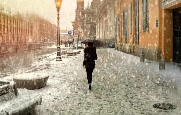 Картинка девушка, снег, зонт, Санкт-Петербург