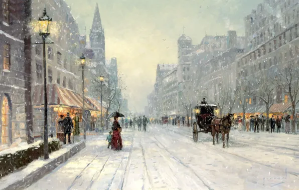 Картинка зима, снег, city, город, улица, лошадь, проспект, дома, картина, зонт, большая, карета, живопись, winter, дама, …