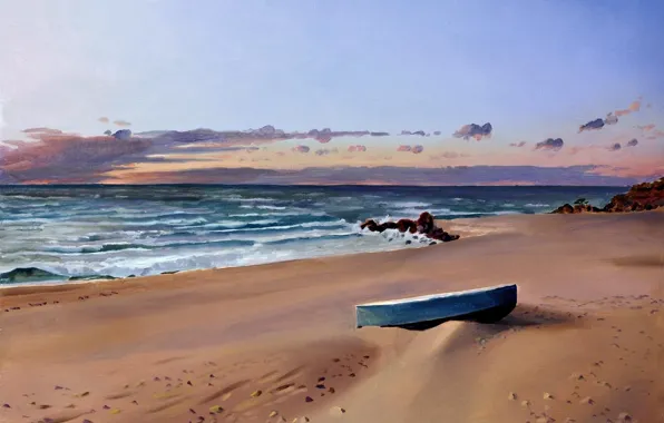 Картинка песок, море, пляж, камни, берег, лодка, прибой