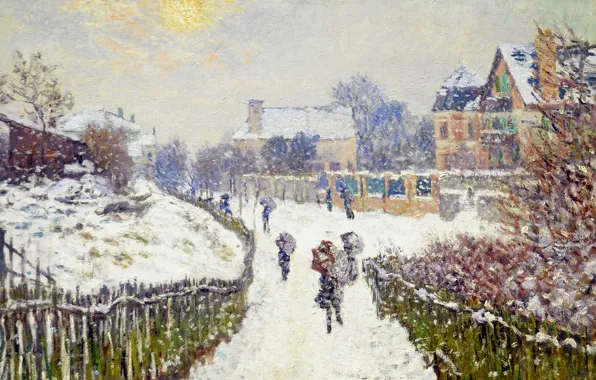 Картинка снег, картина, городской пейзаж, Клод Моне, Бульвар Сен-Дени. Аржантёй. Зима