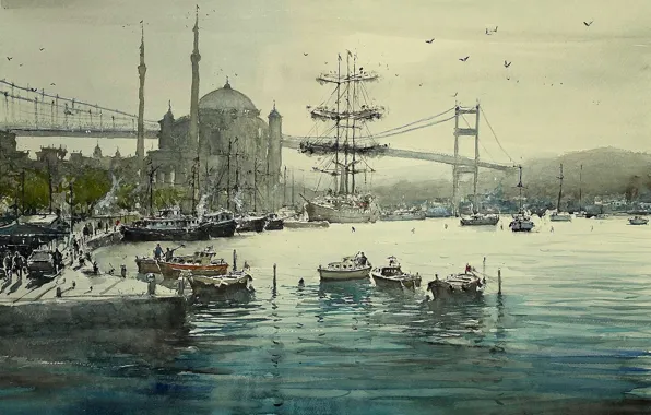 Картинка мост, лодка, корабль, картина, акварель, мечеть, Стамбул, минарет, городской пейзаж, Максимилиан Дамико