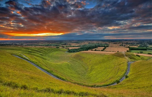 Картинка поле, небо, облака, закат, природа, холмы, Англия, долина, England, Oxfordshire