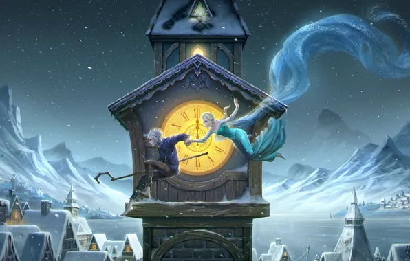 Картинка зима, девушка, ночь, башня, парень, art, frozen, полночь, Rise of the Guardians, Jack Frost, elsa