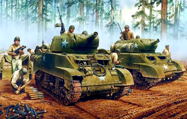 Картинка лес, деревья, рисунок, арт, солдаты, САУ, подготовка, WW2, танкисты, американские, самоходно-артиллерийские установки, с короткоствольной 75-мм …