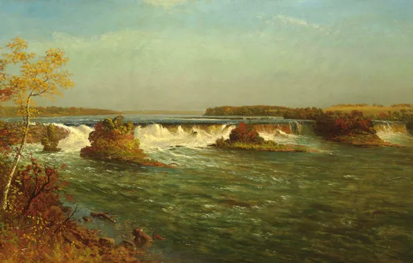 Картинка осень, небо, облака, деревья, пейзаж, река, водопад, картина, пороги, Albert Bierstadt