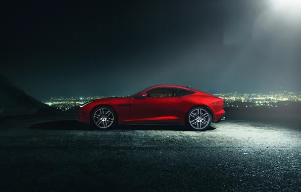 Картинка Jaguar, Dark, City, Red, Car, Coupe, Side, F-Type R, Nigth
