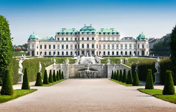 Картинка деревья, дизайн, газон, Австрия, кусты, фонтаны, дворец, скульптуры, Vienna