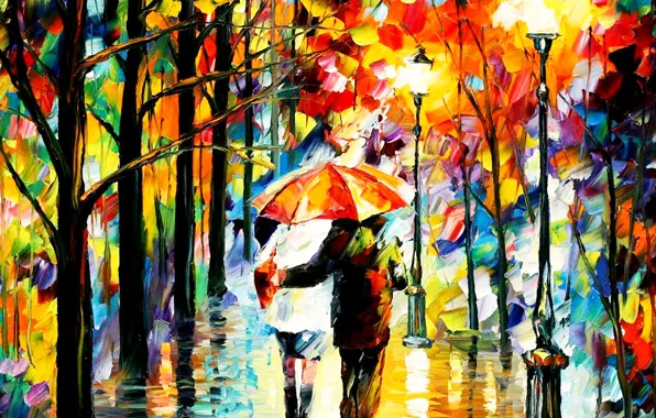 Картинка осень, огни, парк, дождь, картина, зонт, пара, фонарь, влюбленные, аллея, Леонид Афремов, жанровая