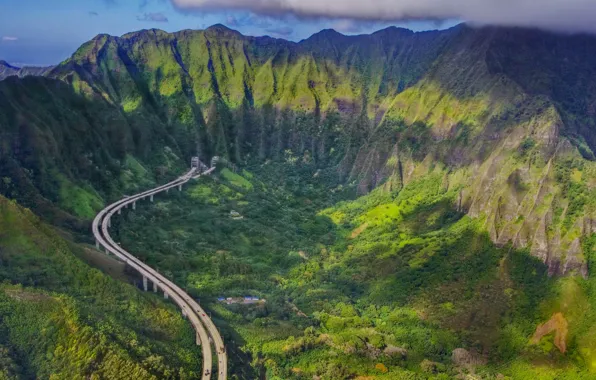 Картинка дорога, горы, шоссе, Гавайи, остров Оаху