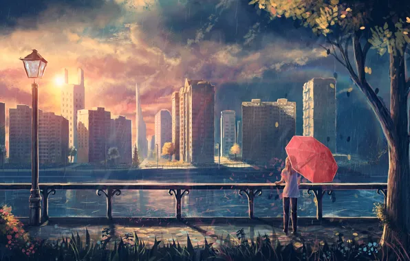 Картинка девушка, город, дождь, дерево, листва, зонт, арт, фонарь