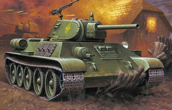 Картинка рисунок, арт, танк, сражение, советский, средний, Т-34-76, WW2., тридцатьчетверка