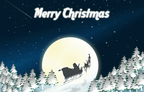 Картинка небо, праздник, луна, графика, рождество, звёзды, christmas, санта клаус, сани, олени, ёлки