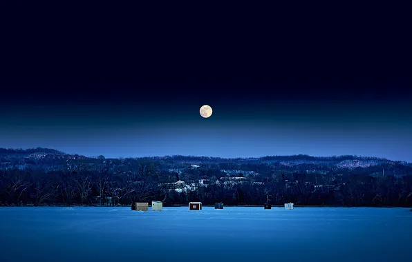 Картинка зима, снег, ночь, дома, Луна