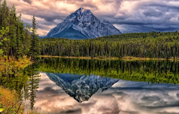 Картинка лес, облака, пейзаж, закат, горы, озеро, отражение, скалы, Канада, Альберта, Alberta, Canada