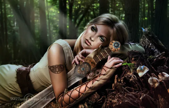 Картинка лес, взгляд, девушка, деревья, оружие, фантастика, волосы, меч, руки, зеленые глаза