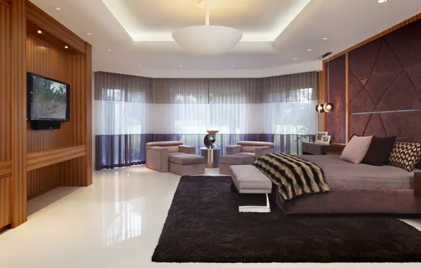 Картинка кровать, интерьер, кресла, шторы, спальня, interior, bedroom, телевизор.