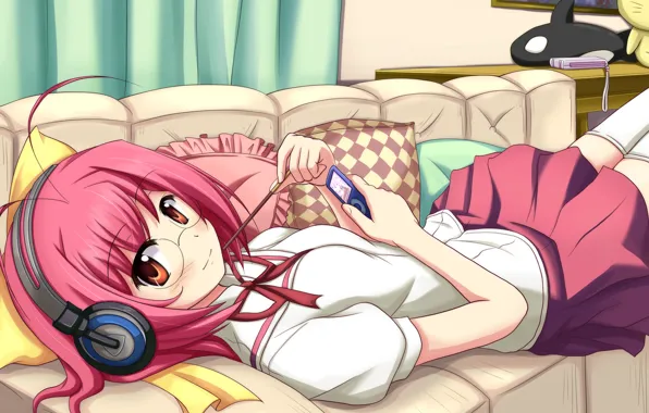 Картинка девушка, диван, наушники, очки, плеер, лежит, pink hair, anime, art, Kami nomi zo Shiru Sekai, …