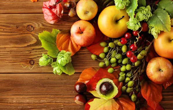 Картинка осень, листья, яблоки, натюрморт, autumn, leaves, fruit, still life, berries, apples, harvest