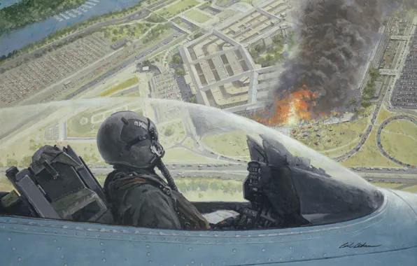 Картинка огонь, пламя, дым, рисунок, арт, Вашингтон, кабина, самолёт, лётчик, F-16, 11 сентября, Виргиния, Пентагон, 2001года