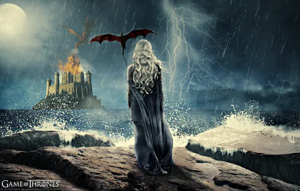 Картинка гроза, девушка, полет, ночь, замок, дождь, огонь, луна, дракон, спина, крылья, сериал, крепость, Daenerys Targaryen, …