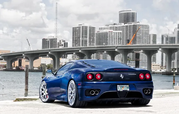 Картинка синий, мост, город, Ferrari, феррари, 360, небоскрёбы, blue, модена, Modena