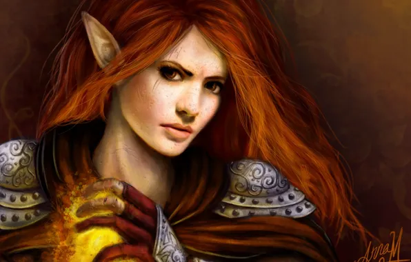 Картинка девушка, магия, арт, рыжая, броня, эльфийка, уши
