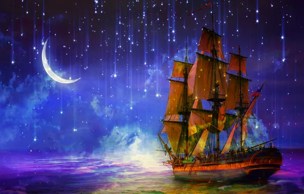 Картинка море, ночь, корабль, парусник, звёзды, art, полумесяц